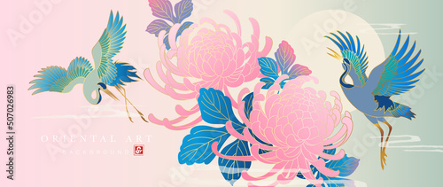 Luxury floral oriental background vector. Chinese and Japanese oriental line art with flowers, leaves, cranes, birds, gold line. Elegant blossom flowers illustration design for wall art, wallpaper