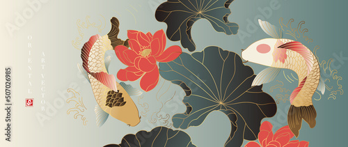 Luxury floral oriental background vector. Chinese and Japanese oriental line art with lotus flowers, leaves, koi carp fish, gold line. Elegant pond illustration design for wall art, wallpaper. photo