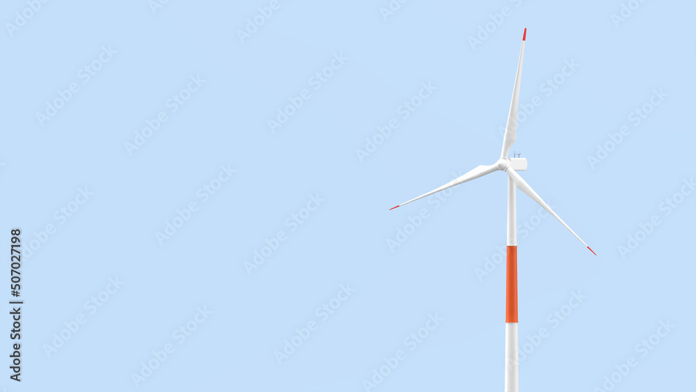 3D illustration of wind power station.3D rendering on blue background.