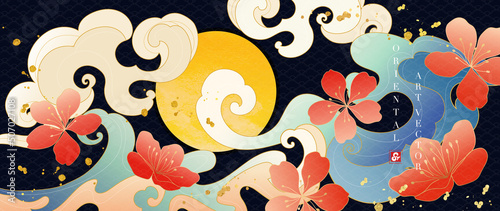 Luxury ocean oriental background vector. Chinese and Japanese oriental line art with circle sun, sea waves, floral, flowers. Elegant ocean landscape illustration design for wall art, wallpaper. photo