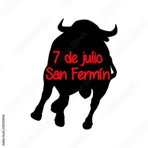 Banner con frase 7 de julio San Fermín en español en silueta de toro en color negro y rojo