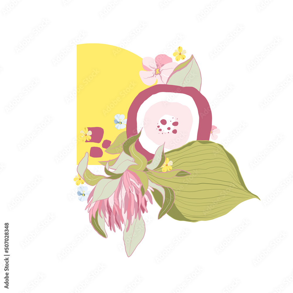 Digital floral bouquet of greenery, flowers, trendy forms. Hand painted set of green leaf, blossom, fruit with abstact shapes isolated on white background. illustration for design, print, logo Digital floral bouquet of greenery, flowers, trendy forms. Hand painted set of green leaf, blossom, fruit with abstact shapes isolated on white background. illustration for design, print, logo