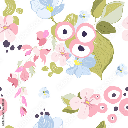 Digital floral seamless pattern - greenery, flowers. Hand painted green leaf, pastel blossom, fruit with abstact shapes isolated on white background. illustration for design, print, scrapbook paper