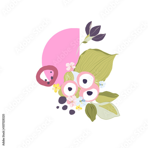 Digital floral bouquet of greenery, flowers, trendy forms. Hand painted set of green leaf, blossom, fruit with abstact shapes isolated on white background. illustration for design, print, logo