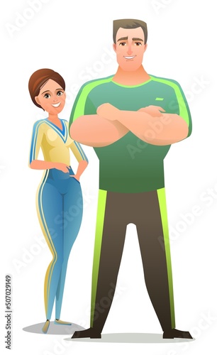 Fototapeta Naklejka Na Ścianę i Meble -  Man and woman in tracksuit. Got ready for sports activities. Cheerful person. Standing pose. Cartoon style. Single character. Illustration isolated on white background. Vector