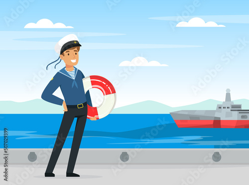 Man Sailor Character in Blue Shirt and Cap on Deck of Ship with Lifebuoy Vector Illustration