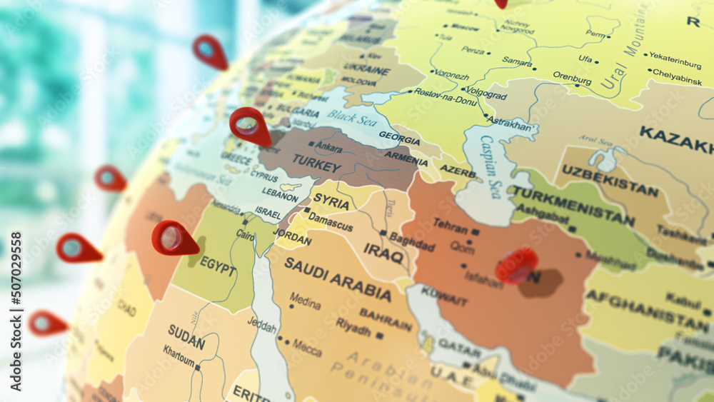 3d globe with arabian countries location points.