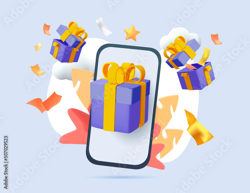 To issue gifts and coupons to consumers via mobile illustration set. phone, box, app, fortune. Vector drawing. 3D style