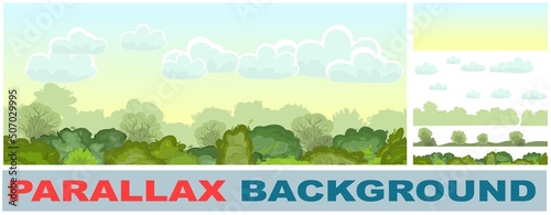 Seamless forest. Set parallax effect. Treetops and sky. Illustration nature landscape. Dense foliage. Summer. View of green trees. Cartoon flat style. Vector
