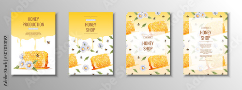 Honey products flyer set. Honey shop, honey bank, honeycombs. Template, cover, poster in a4 size for business