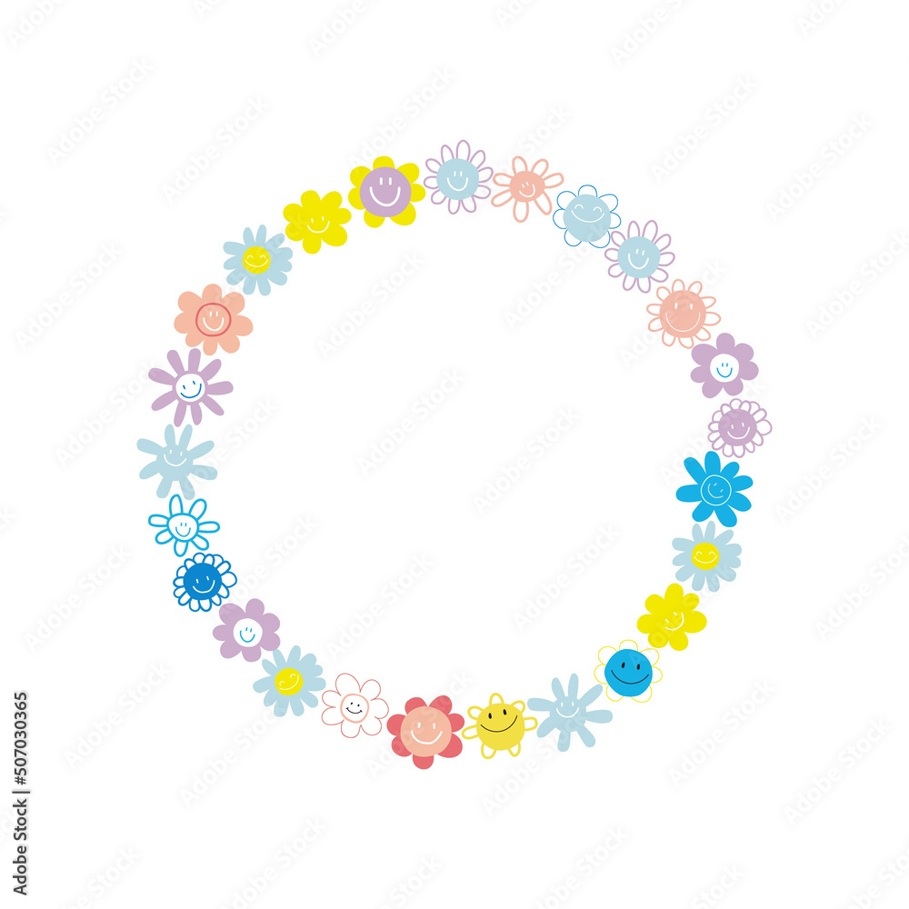 Funny wreath or frame with happy flowers. Kids fashion graphic. Vector hand drawn illustration.