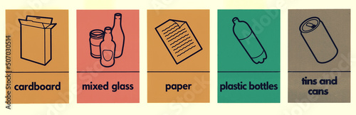 Various waste recycling, collecting signs
