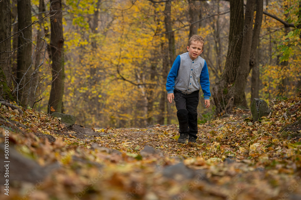 The little kid is walking the mountain trail. Fall season