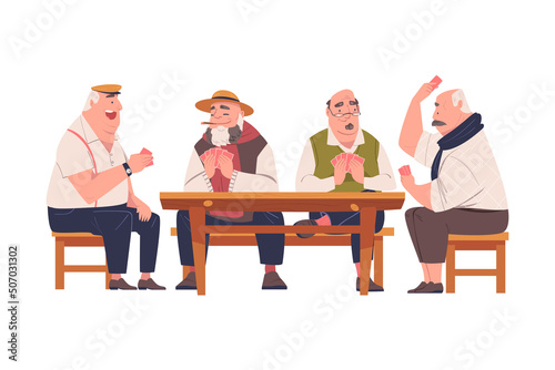 Senior Male Friends Playing Cards Game Sitting on Chair at Table Vector Illustration