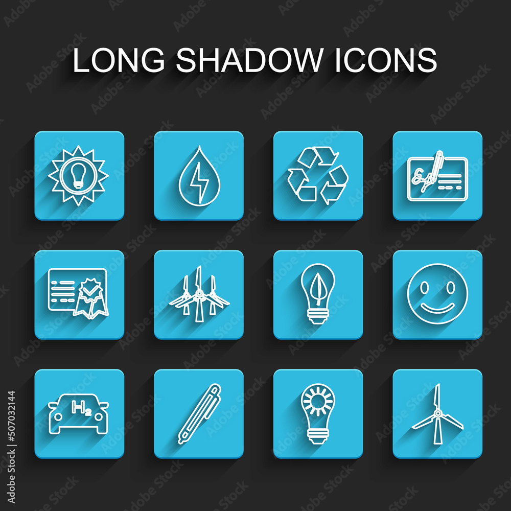 Set line Hydrogen car, Pen, Solar energy panel, Wind turbine, turbines, Smile face and Light bulb with leaf icon. Vector