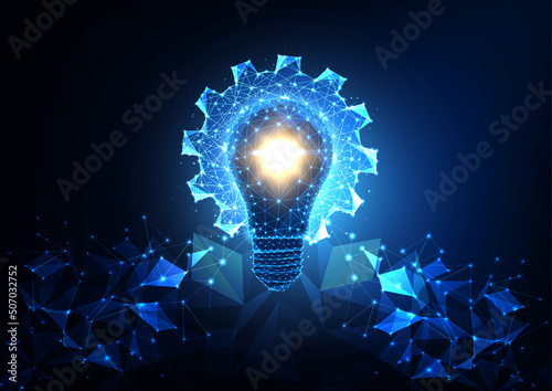Futuristic innovation business startup concept with glowing low polygonal lightbulb and gear on blue