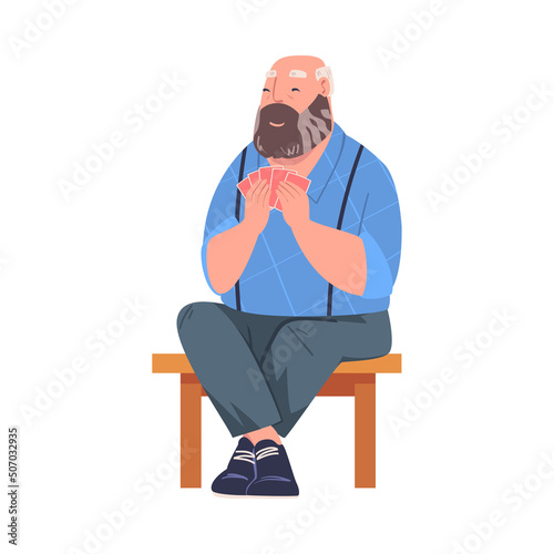 Senior Bearded Man Character Playing Cards Game Sitting on Chair Vector Illustration