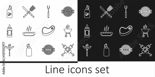 Set line Grilled shish kebab, Barbecue grill, fork, Hotdog sandwich, Mustard bottle, Ketchup, Steak meat and Crossed knife spatula icon. Vector