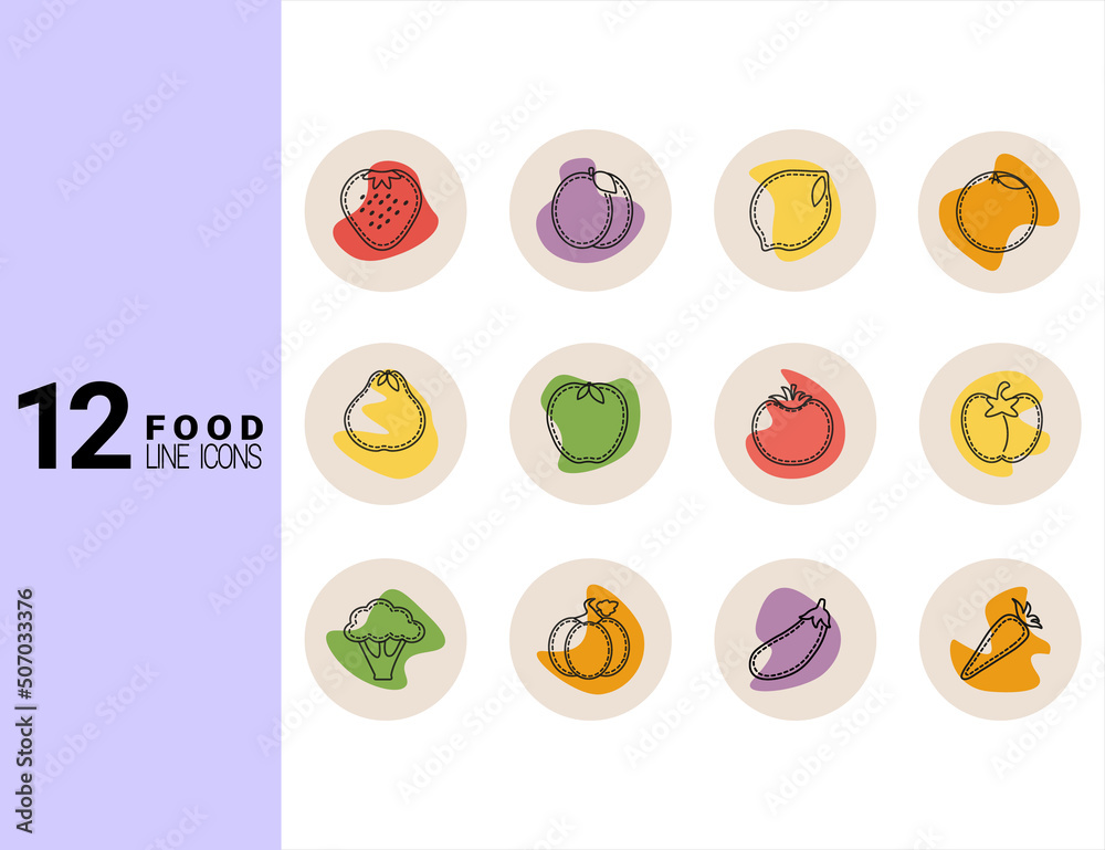 Set of 12 healthy food line colorful icons, set of fruits and vegetables Set of 12 healthy food line colorful icons, set of fruits and vegetables