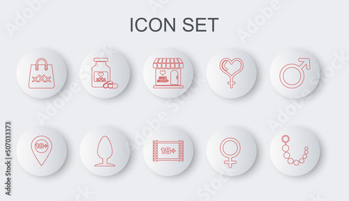 Set line Anal beads, Location with 18 plus, Sex shop building, Female gender symbol, Shopping bag triple X, Bottle pills for potency, plug and Play Video icon. Vector