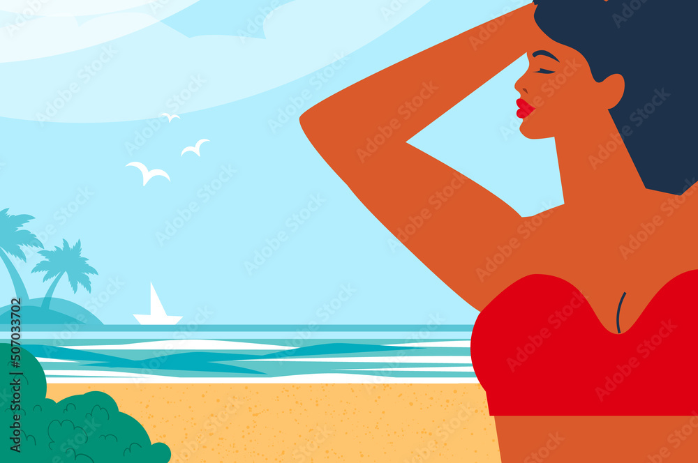 Hello summer. Time to travel. Happy young woman with sunburnt skin on a tropical beach wearing red swimwear. Summertime. Sea, sky, palms and beautiful beach.
