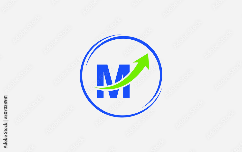 Growth arrow icon vector and financial circle logo design with the letters and alphabets M Growth arrow icon vector and financial circle logo design with the letters and alphabets M
