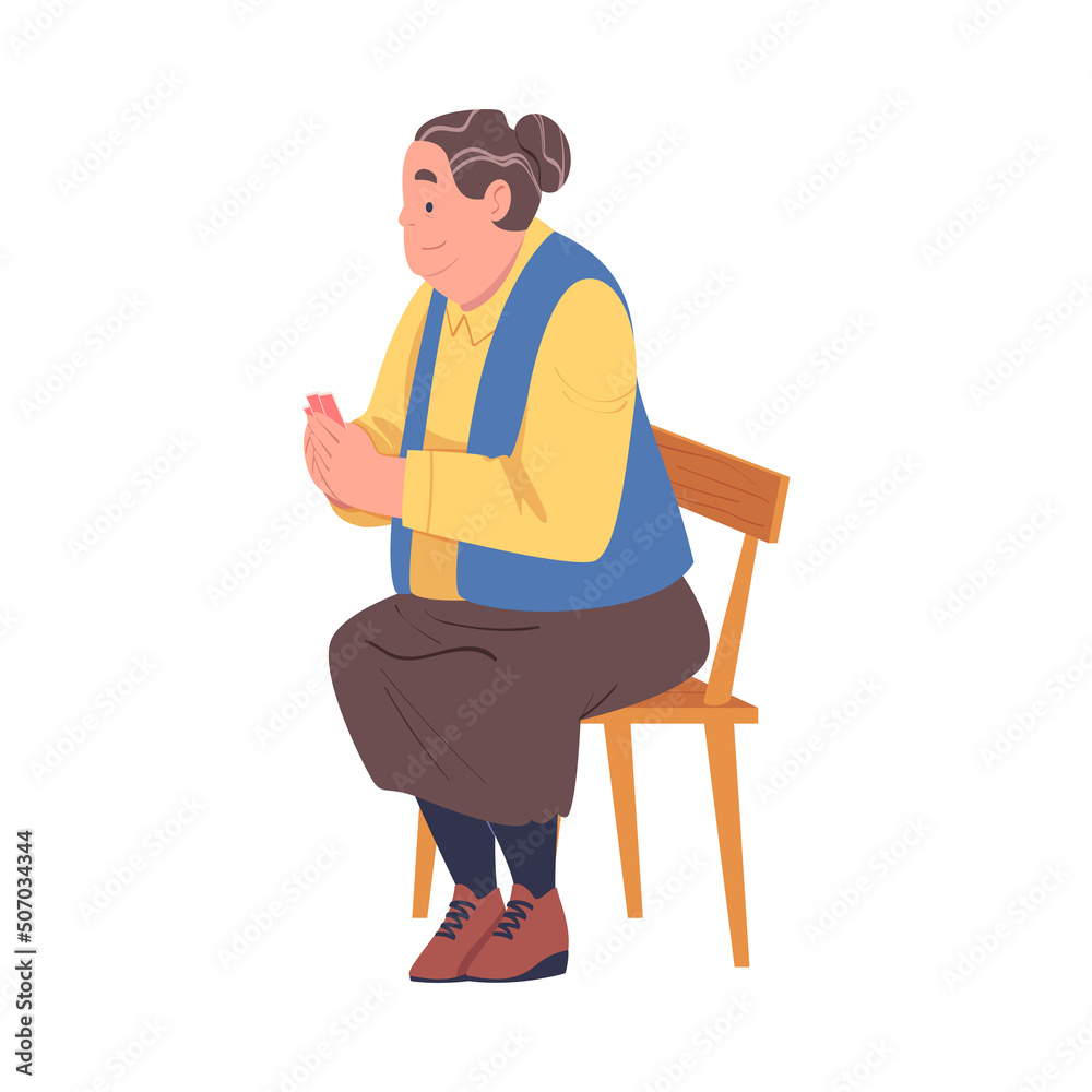 Fototapeta premium Senior Woman Character Playing Cards Game Sitting on Chair Vector Illustration