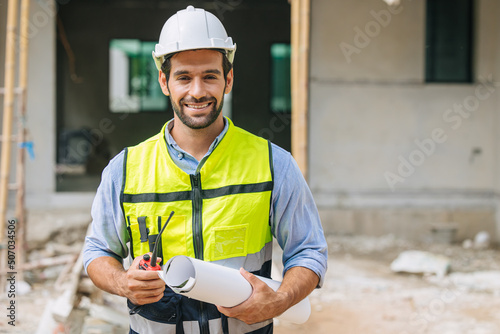Engineer builder. Happy Foreman work in construction site. senior worker project designer leader concept.