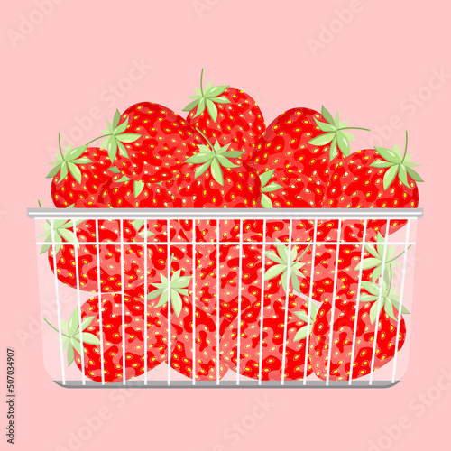 Ripe juicy strawberries in a transparent plastic container, isolated on a pink background.Vector illustration.It can be used in textiles, trade designs.labels.