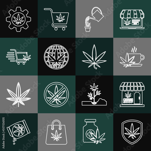 Set line Shield and marijuana, Marijuana cannabis store, Cup tea with, Watering, Legalize, Shopping cart, Test tube and leaf icon. Vector