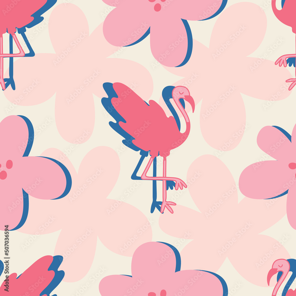 Obraz premium Pink flamingo seamless vector pattern design. Isolated flamingos with flowers in background. Cute blue details. Perfect for tropical summer vibes. Nursery and baby proof. Matching patterns available.