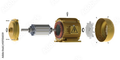 Electric generator with permanent rotor magnets, exploded view, 3D rendering