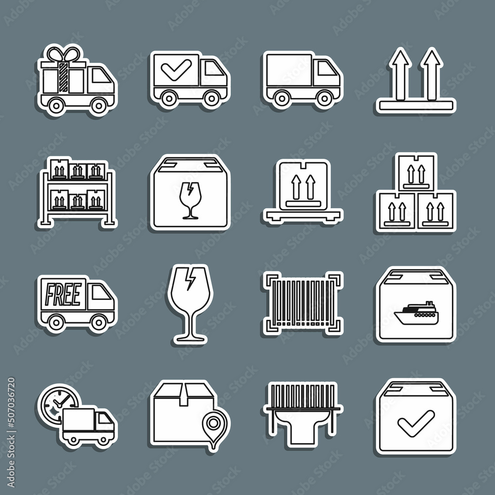 Set line Package box with check mark, Cargo ship boxes, Cardboard traffic, Delivery cargo truck vehicle, fragile content, Warehouse, gift and pallet icon. Vector Set line Package box with check mark, Cargo ship boxes, Cardboard traffic, Delivery cargo truck vehicle, fragile content, Warehouse, gift and pallet icon. Vector