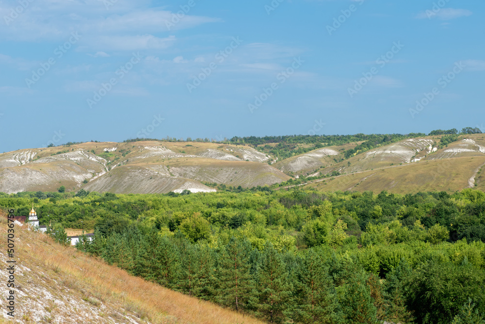 Chalk mountains and hills and canyons of the Voronezh Belogorie