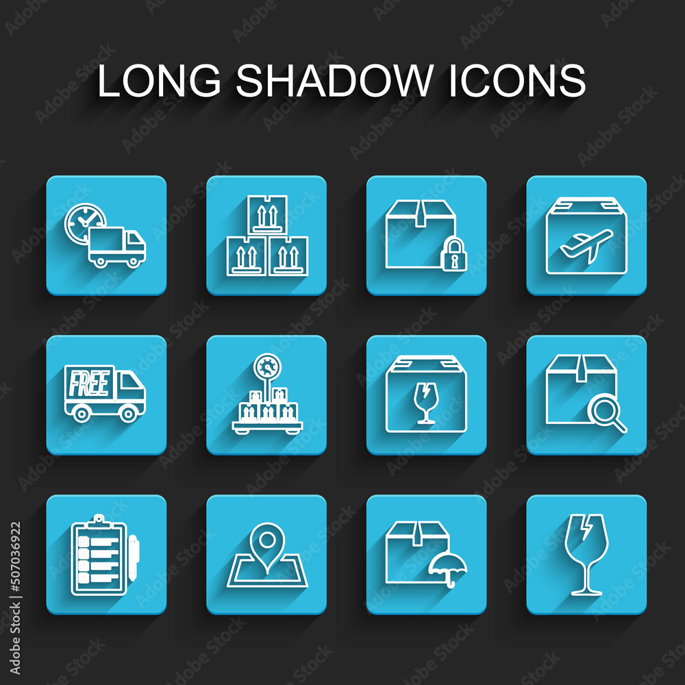Set line Verification of delivery list, Placeholder map, Delivery truck and clock, package with umbrella, Fragile broken glass, Scale cardboard box, Search and fragile content icon. Vector Set line Verification of delivery list, Placeholder map, Delivery truck and clock, package with umbrella, Fragile broken glass, Scale cardboard box, Search and fragile content icon. Vector
