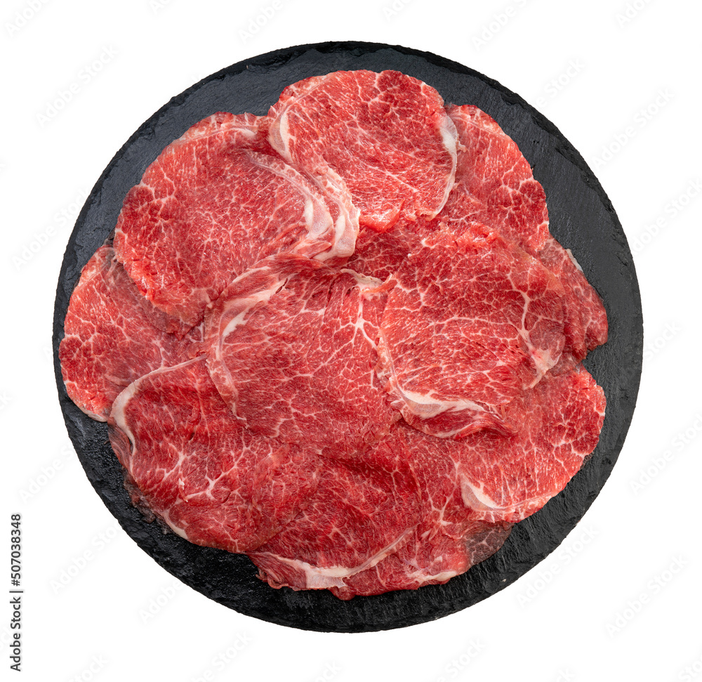 Rare Sliced Wagyu beef with marbled texture on black plate isolated on white background, Red beef Sliced Asian shabu shabu Sukiyaki food style on white background With clipping path.
Rare Sliced Wagyu beef with marbled texture on black plate isolated on white background, Red beef Sliced Asian shabu shabu Sukiyaki food style on white background With clipping path.