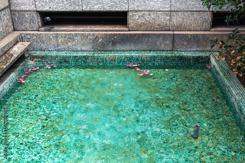 Rose petals float on the water surface of an ancient fountain in emerald water with marble walls, a soothing natural backdrop for relaxation and reflection