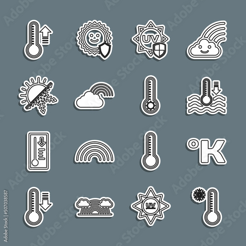 Set line Meteorology thermometer, Kelvin, Water, UV protection, Rainbow with cloud, Sun and snowflake, and icon. Vector