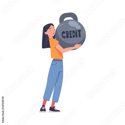 Severity of Mortgage with Woman Holding Huge Kettlebell as Heavy Burden of Credit Vector Illustration