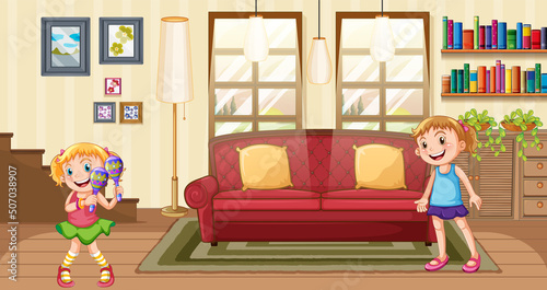 Room scene with two girls playing