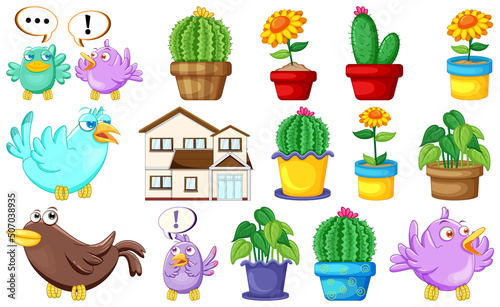Different house designs and cute birds