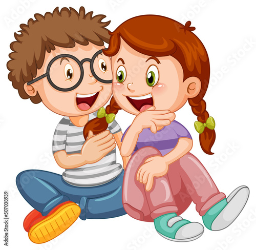 Happy young couple sitting on white background