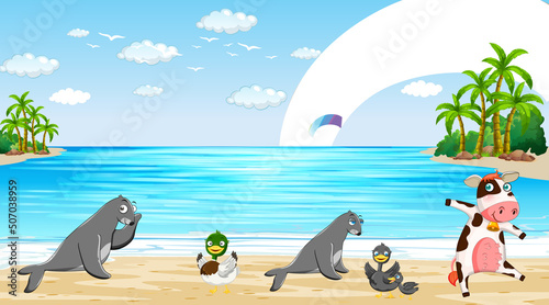 Beach scene with seals and ducks