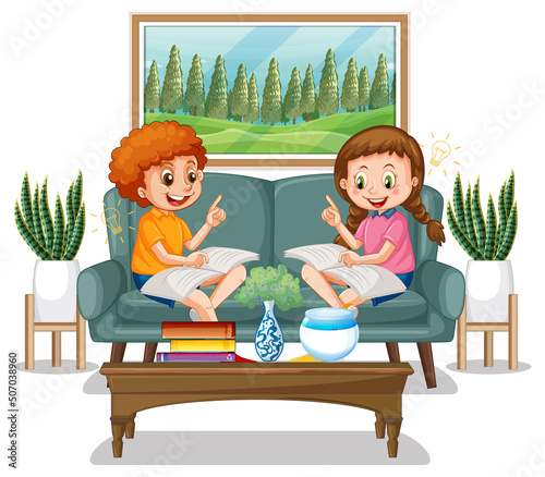 Children reading books at home