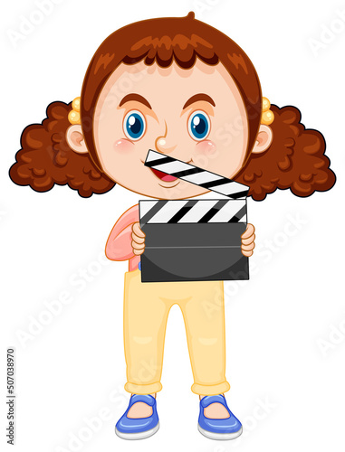 Cute girl cartoon character with curly pigtail hair holding film slate