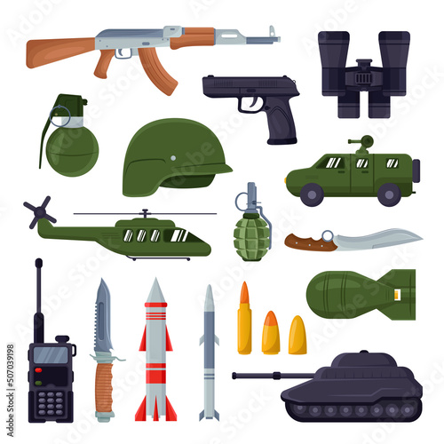 Army weapons illustration set. Military equipment. Vector pictures of missile, tank, launcher, rocket in flat style. War, battle concept