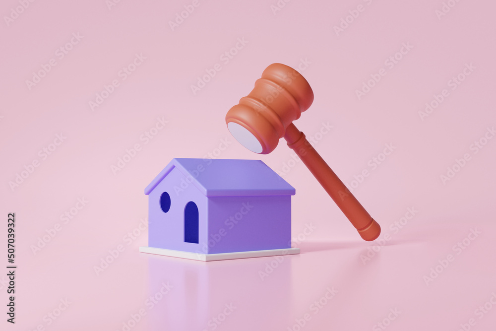 Judgement hammer concept. house real estate business investment on pink