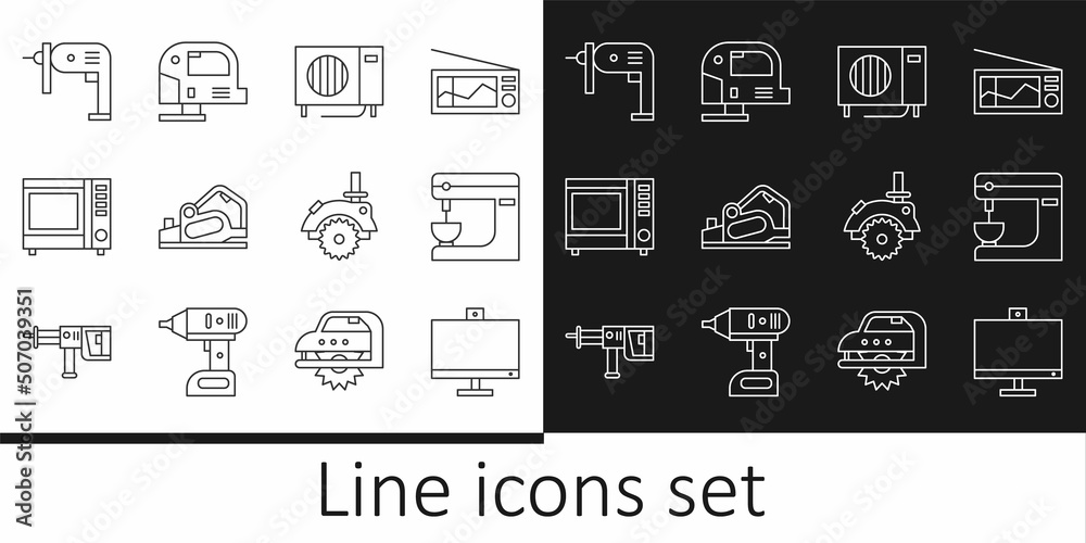 Set line Computer monitor, Electric mixer, Air conditioner, planer tool, Microwave oven, drill machine, circular saw and jigsaw icon. Vector - obrazy, fototapety, plakaty 