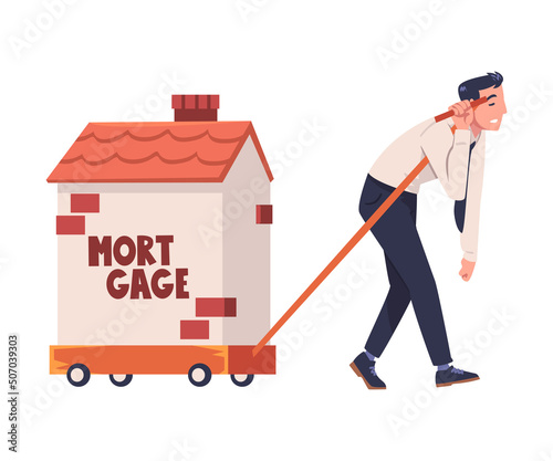 Severity of Mortgage with Tired Man Pulling House on Trolley as Heavy Burden of Credit Vector Illustration