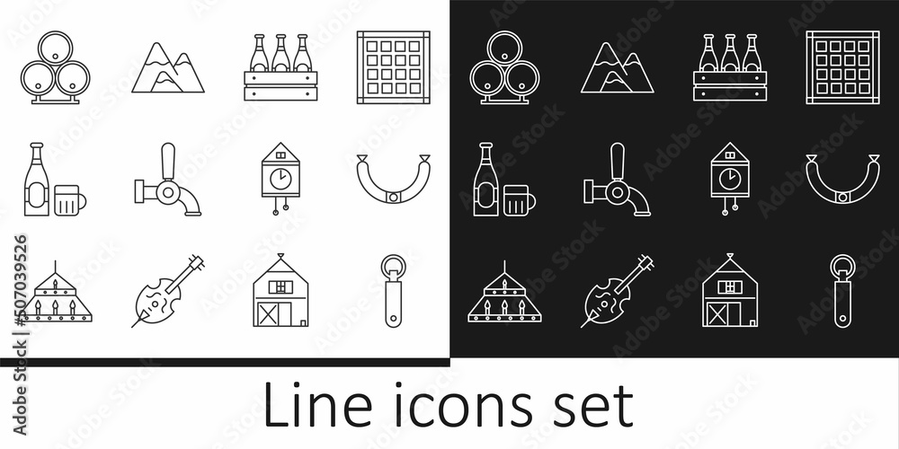 Set line Bottle opener, Sausage, Pack of beer bottles, Beer tap, and glass, Wooden barrels, Retro wall watch and Mountains icon. Vector